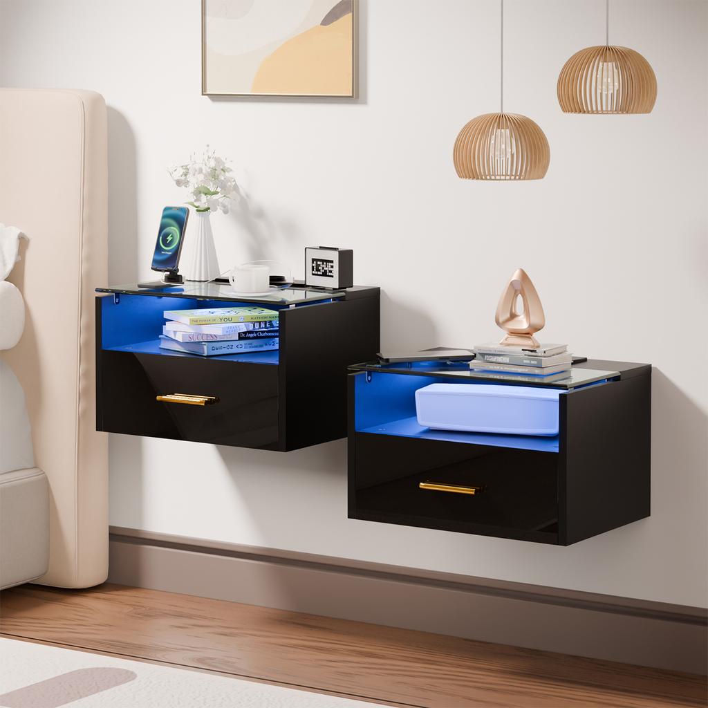 Wall-mounted Bedside Table with Lights 3-Tier 2AC/2USB with Drawer Wood Bedside Multifunctional Cabinet Tempered Glass Top Shelf