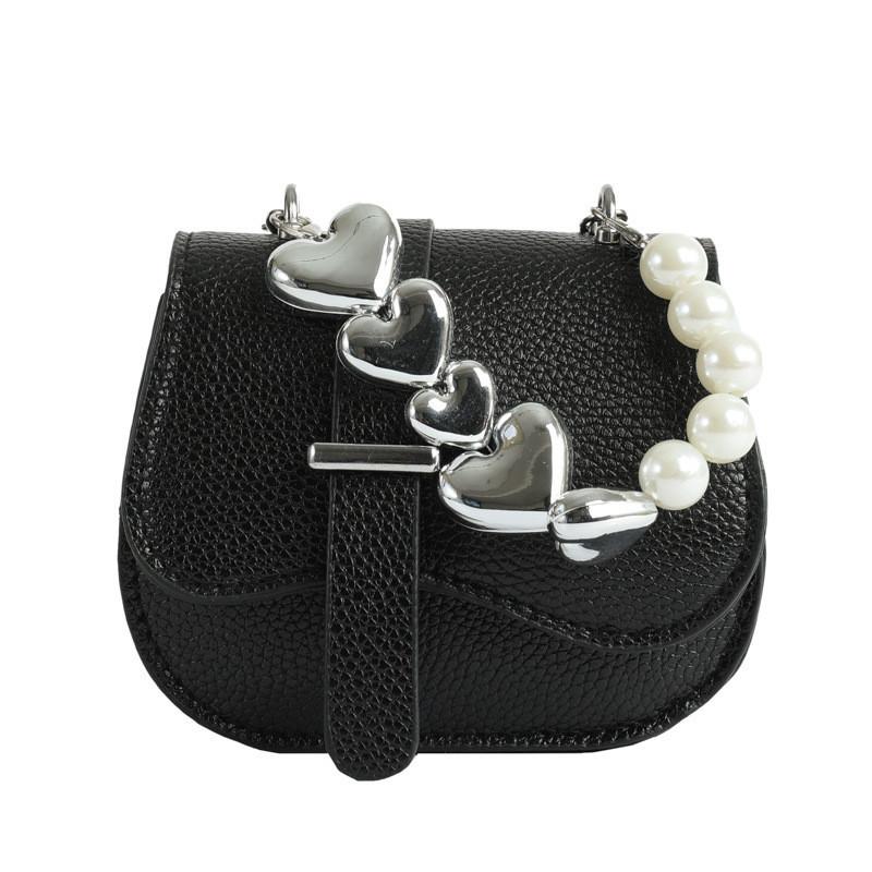 Trendy Mini Handbag 2024 Spring Pu Material Street Fashion Chain Shoulder Crossbody Bag Beaded Heart Stitching Line
