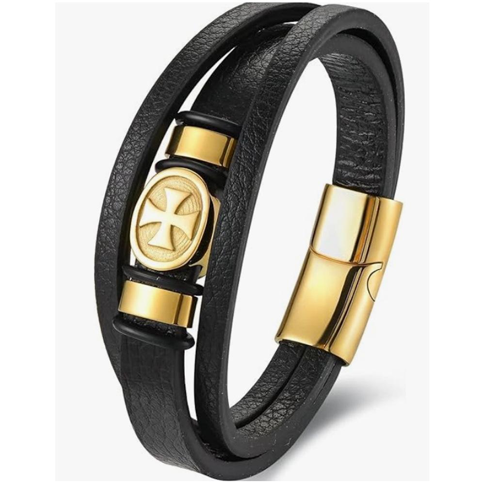 Black Leather Rope Cowhide Men s Gold Cross Leather Woven Bracelet Handmade Multilayer Leather Bracelet 2026 21CM