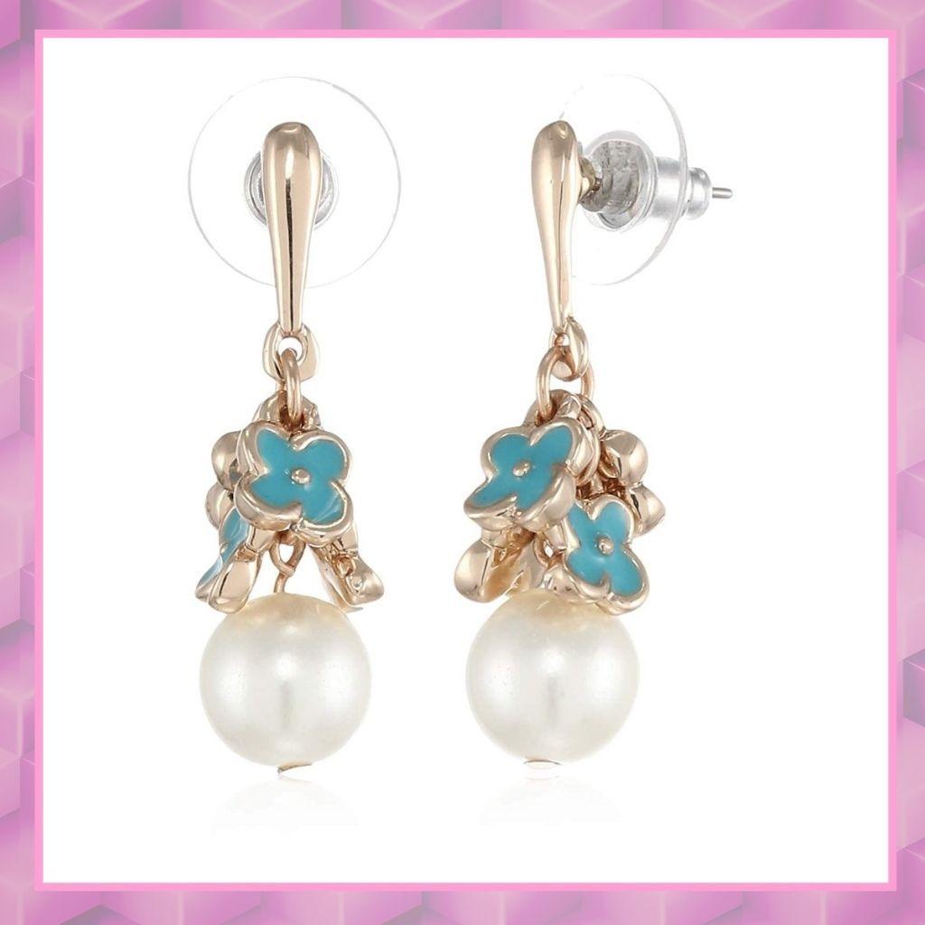 Estele Rose Gold White Enamel Flower Drop Earrings For Girls Women