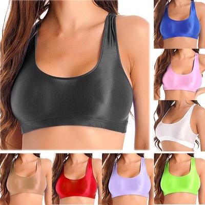 Glänzendes Damen-Tanktop mit U-Ausschnitt, einfarbig, ärmellos, bauchfreies Oberteil für Sport, Fitness, Yoga
