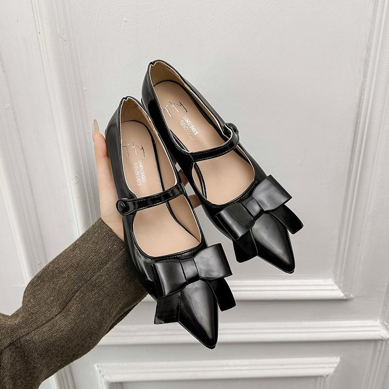 

Французский вечерний бриз нежный толстый каблук острый носок маленький ароматный ветер мелкий вырез Мэри Джейн бант одинарная обувь женщины для работы средний каблук новая 35 чёрный