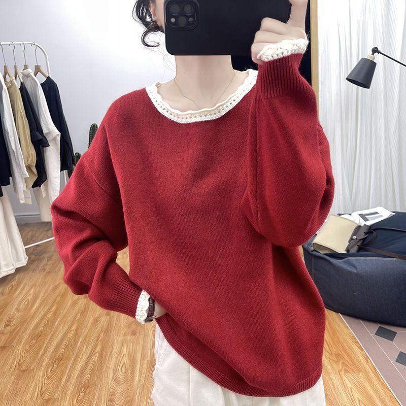 

Color matching age-reducing foreign style thickened round neck new sweater lace neck blouse loose top s recommended 40-47.5kg червоний