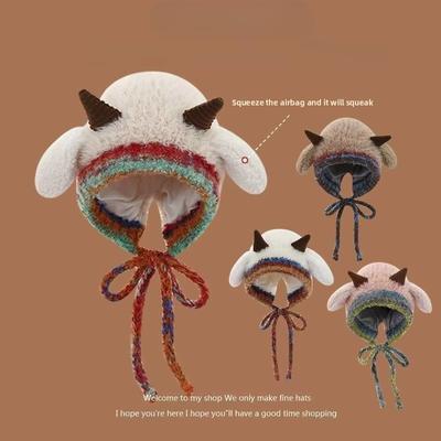  Cute Thick Plush Lamb Horn Knitted Hat Women Bonnets Winter Warm Ear Protection Beanies Hat Outdoor Casual Pullover Hats
