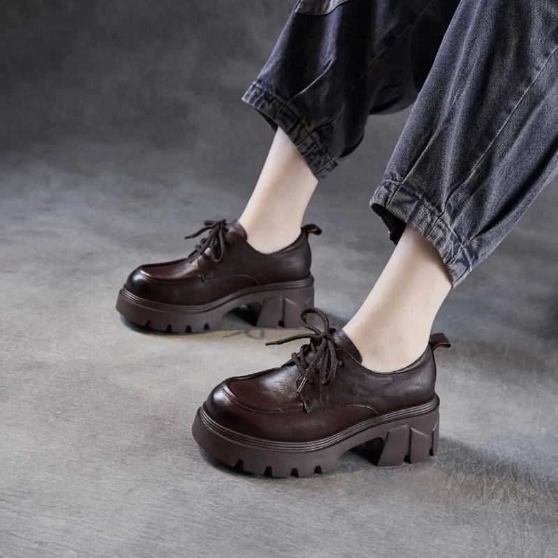 Johnature Genuine Leather Retro Women's Thick Heels Shoes British Style Thick Soled Lace Up Pumps