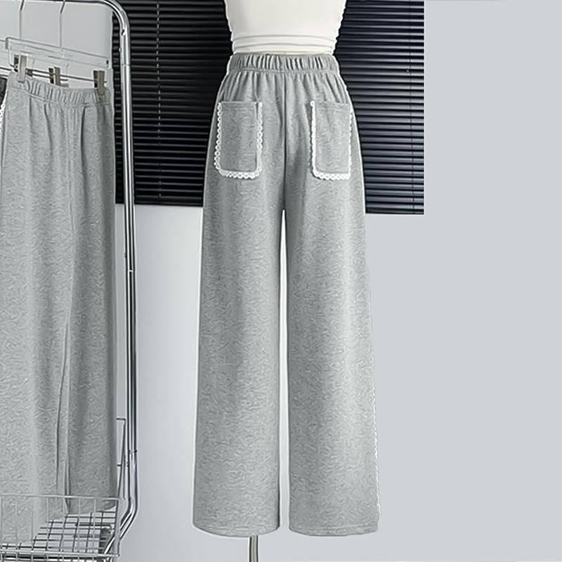 Spring and Autumn Women's Fashion Solid Colour Lace Splicing High Waisted Loose Wide Leg Pants