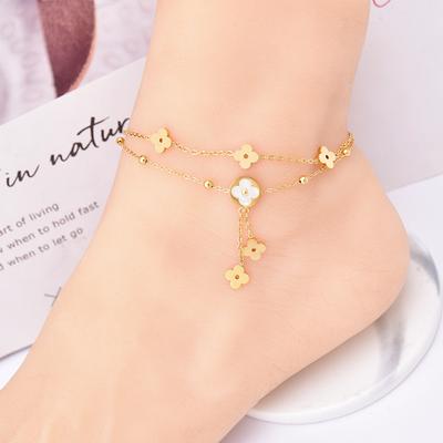 Four-leaf Clover Accessory Double Layer Flower Shell Tassel Foot Ring Titanium Steel Foot Chain