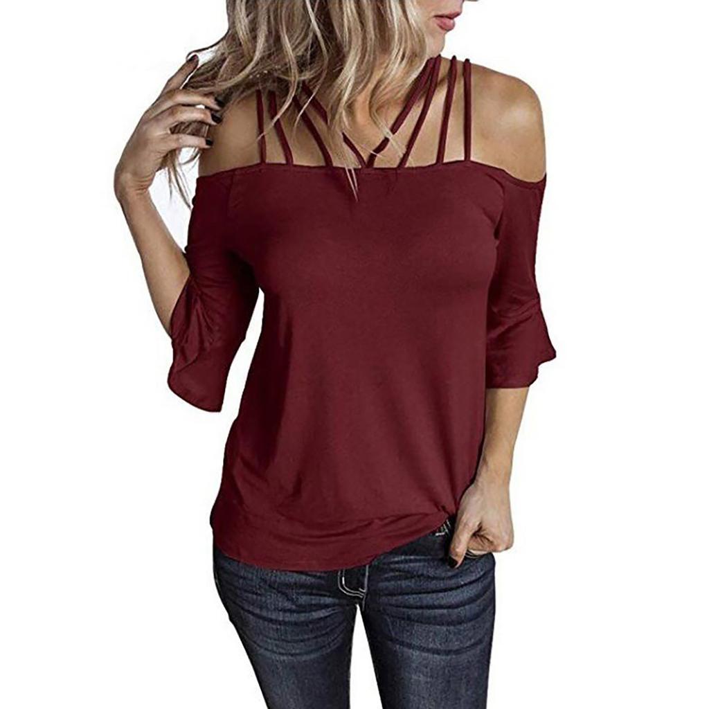 Women Fashion Plus Size Flare Sleeve Off Shoulder T-shirt Solid Color Top