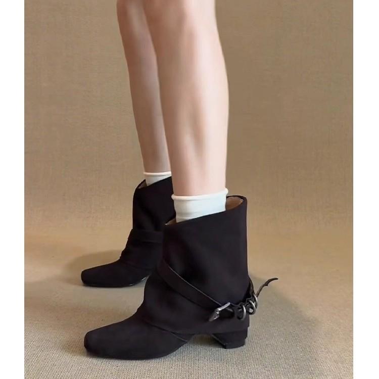 Cowhide version~ inner height increase metal belt buckle western boots retro suede square head niche high-end handsome short boots