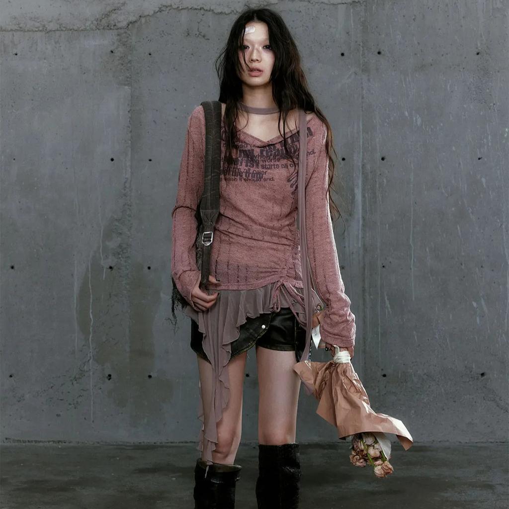 2KWEIRD Grunge Aesthetics Knitted Tops Trashy Y2k Graffiti Print T-shirt Vintage Punk Irregular Patchwork Knitwear High Street