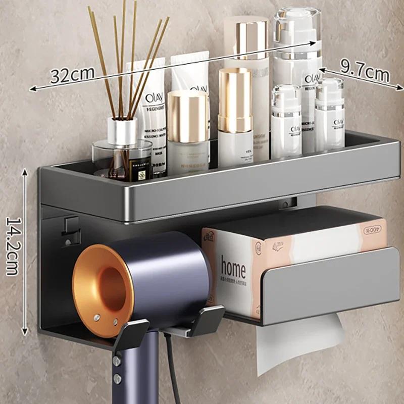 Bathroom Shelf Makeup Storage Organizer Carbon Steel Hair Dryer Holder Bathroom Accessories Wall Shelf with Cup Hook