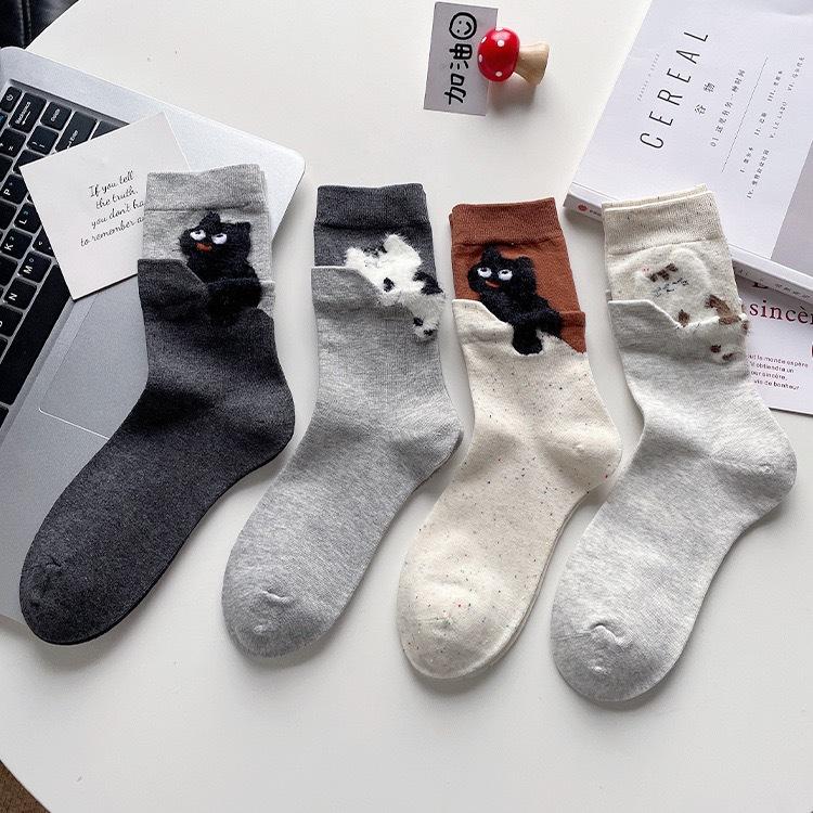 Roliga Tecknade Kattstrumpor Dam Höst och Vinter Tjock Bomull Mellanlånga Strumpor Varma Mysiga Sovande Hem Golv Djurmönstrade Strumpor