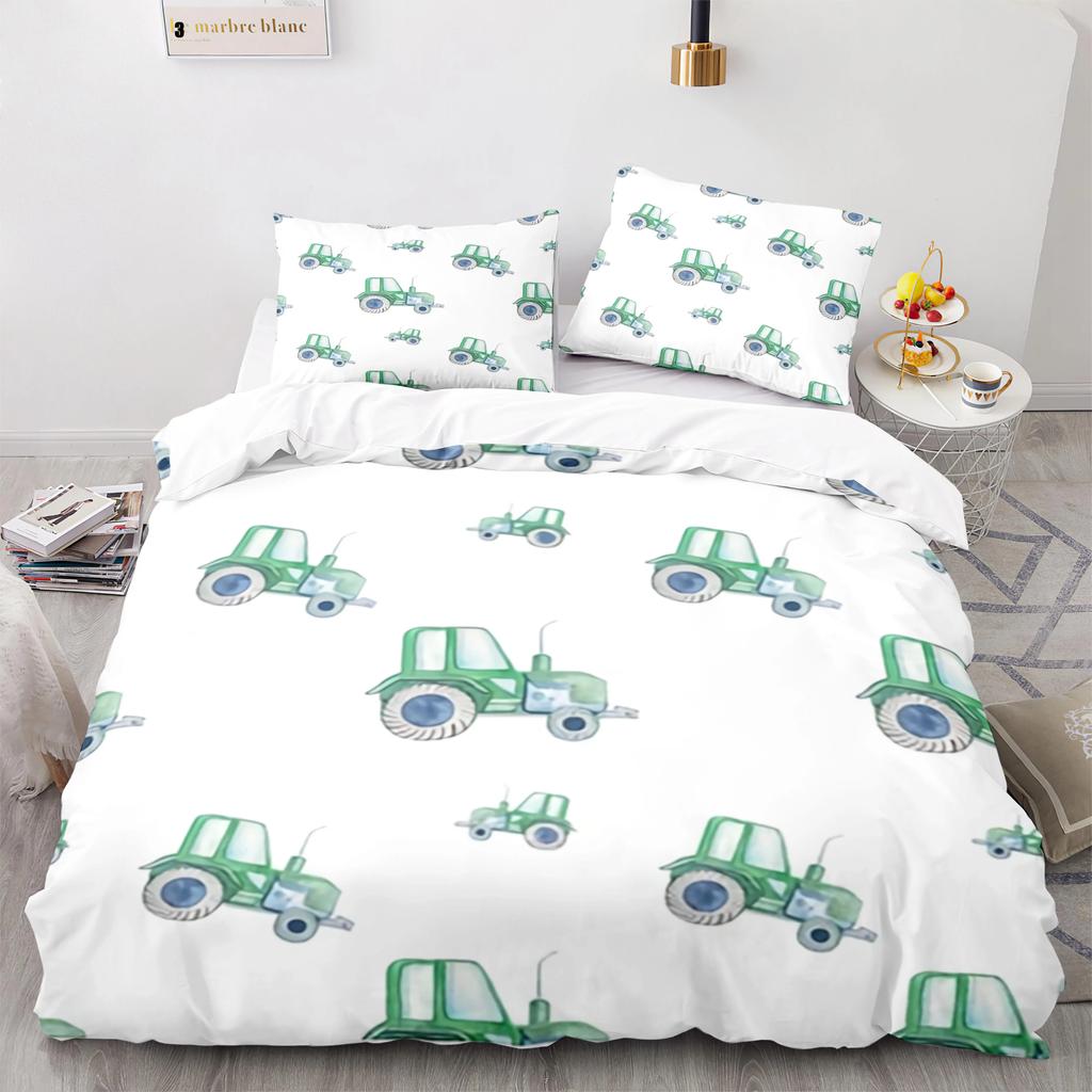 Cartoon Tractor King Queen Duvet Cover Watercolor Style Excavator Bedding Set For Kids Machinery Bulldozer Polyester Quilt Cover