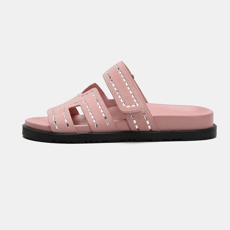 European and American Color Matching Rhinestone Second Uncle H Slippers Women Wear Velcro Flat-bottomed Beach Lazy Thick-bottomed Sandals