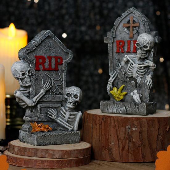 Halloween Tombstone Statue Decoration Spooky Resin RIP Skeleton Gravestone Figurine for Halloween Garden Outdoor Decor