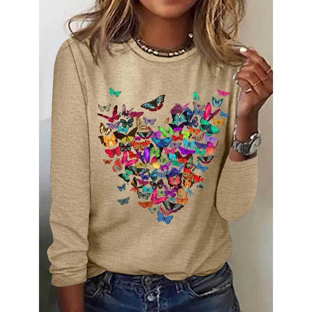 Round Neck 3D Printed Butterfly Pattern Top Fashionable Casual Long Sleeved Women's T-shirts