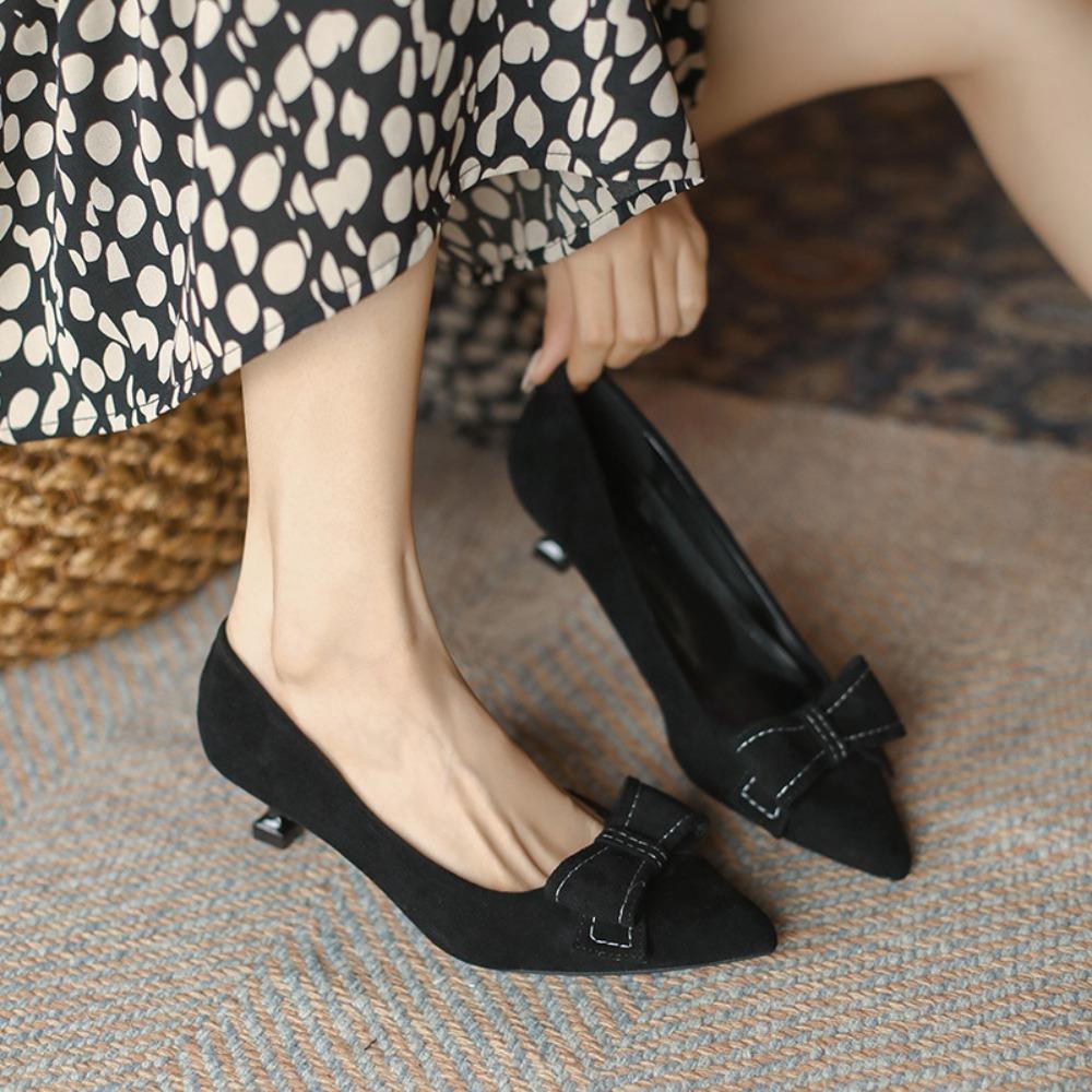 2025 New Spring Autumn Women's French High Heels - Pointed Toe Stiletto Low Heel, Elegant Black Bowknot Single Shoes XCY-6688-5