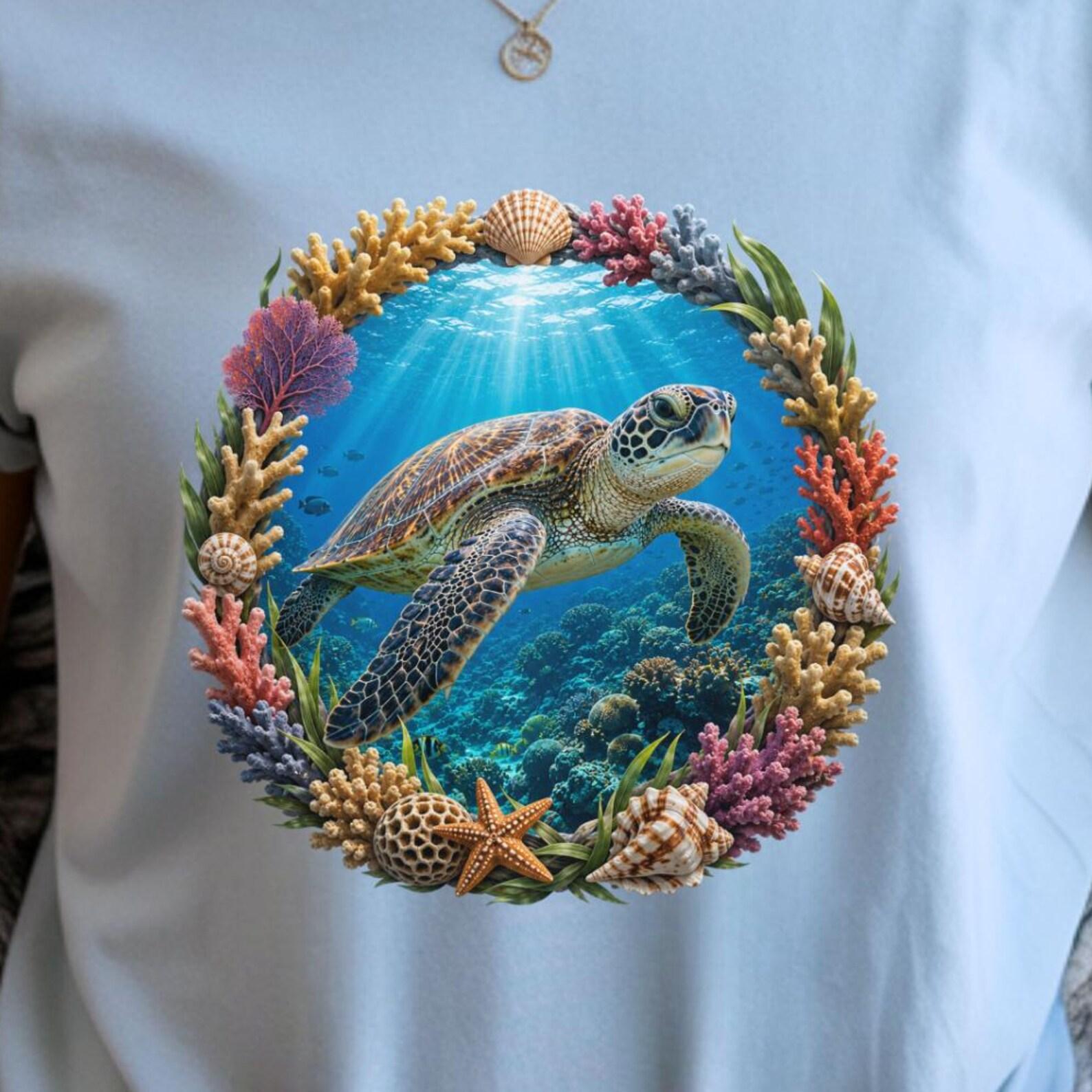 Sea Turtle Coral Reef T-Shirt | Ocean Wildlife Turtle Tee M