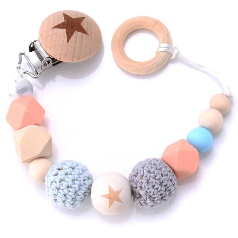 Baby Pacifier Clips Silicone Beads Wooden Crochet Ball Teething Ring Chain Nipple Clamp Dummy Holder Clip Chew Accessories