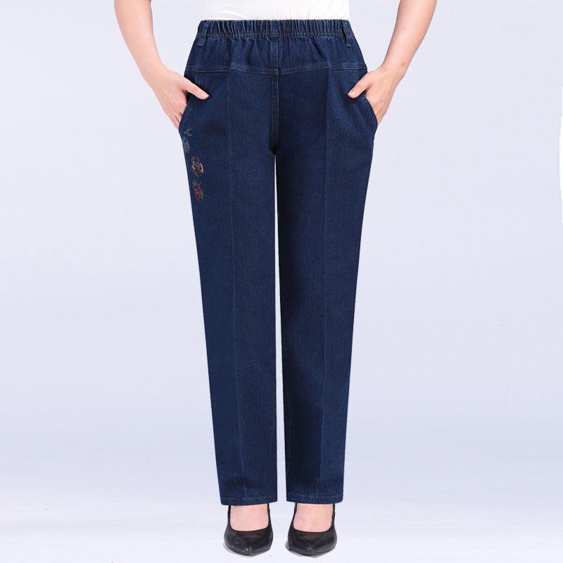 Blugi casual cu talie înaltă, cu picior drept, mărime plus, cu talie elastică, pentru femei de vârstă mijlocie și vârstnice - Primăvară/Toamnă.