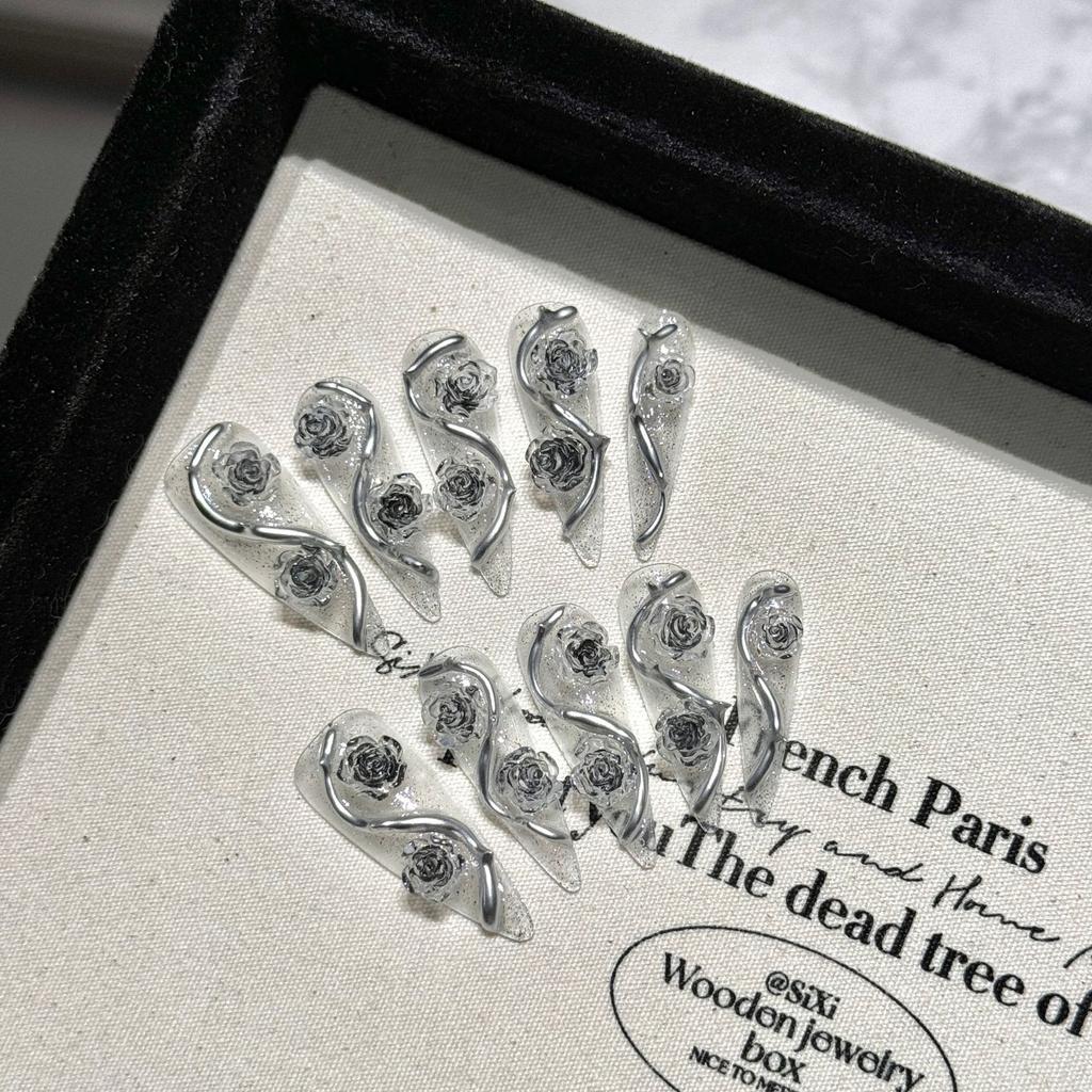 Handmade Press on Nails Long Stiletto Fake Nails with 3D Rose Design Press ons Acrylic False Nail Full Cover Glue on Nail Stick on Nail for Women