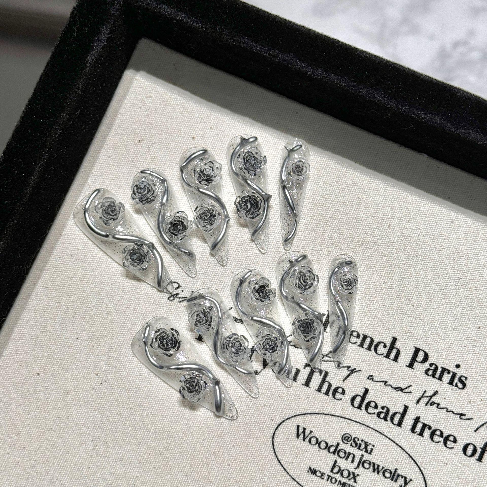 

Накладные ногти ручной работы, длинные стилеты, искусственные ногти с 3D дизайном розы, накладные ногти, акриловые накладные ногти, полное покрытие, клей для ногтей, наклейки для ногтей для женщин L