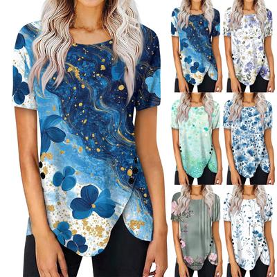 Women's Fashion Casual Short Sleeve Round Neck Side Button Print Pullover Top Blouse