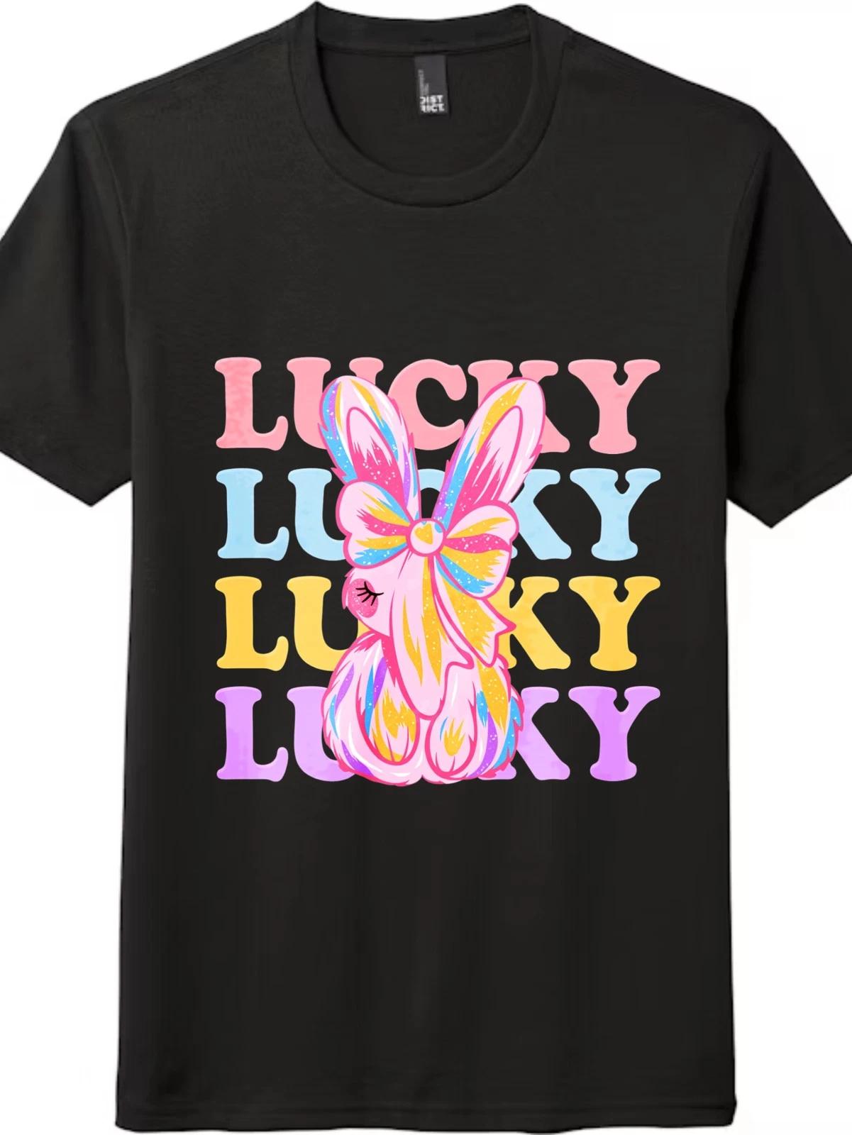 

Unisex Vintage Lucky Bunny T-Shirt Colorful Easter Bunny Graphic Casual Tee L