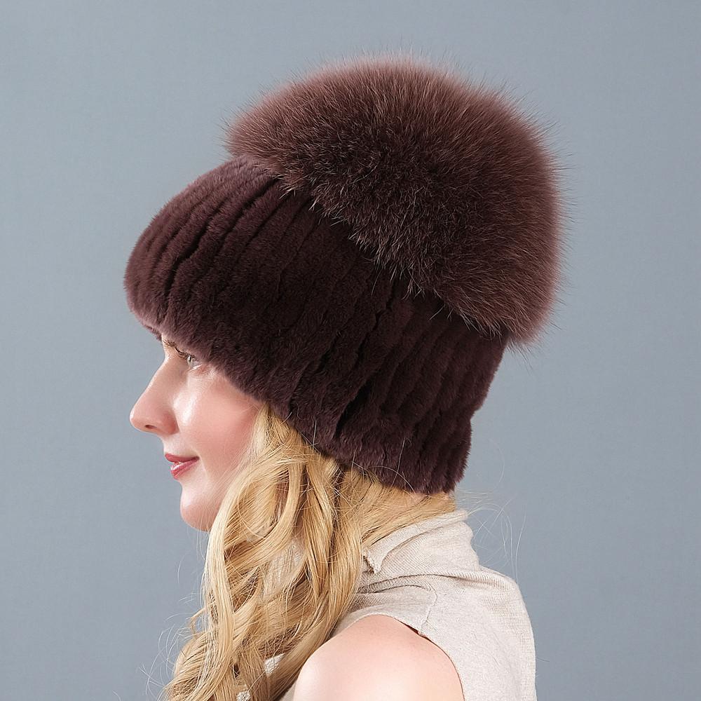 New Style Women Real Genuine Fox Fur Beanies Hat Girls Natural Real Rex Rabbit Fur Skullies Cap Knit Winter Real Fur Hats