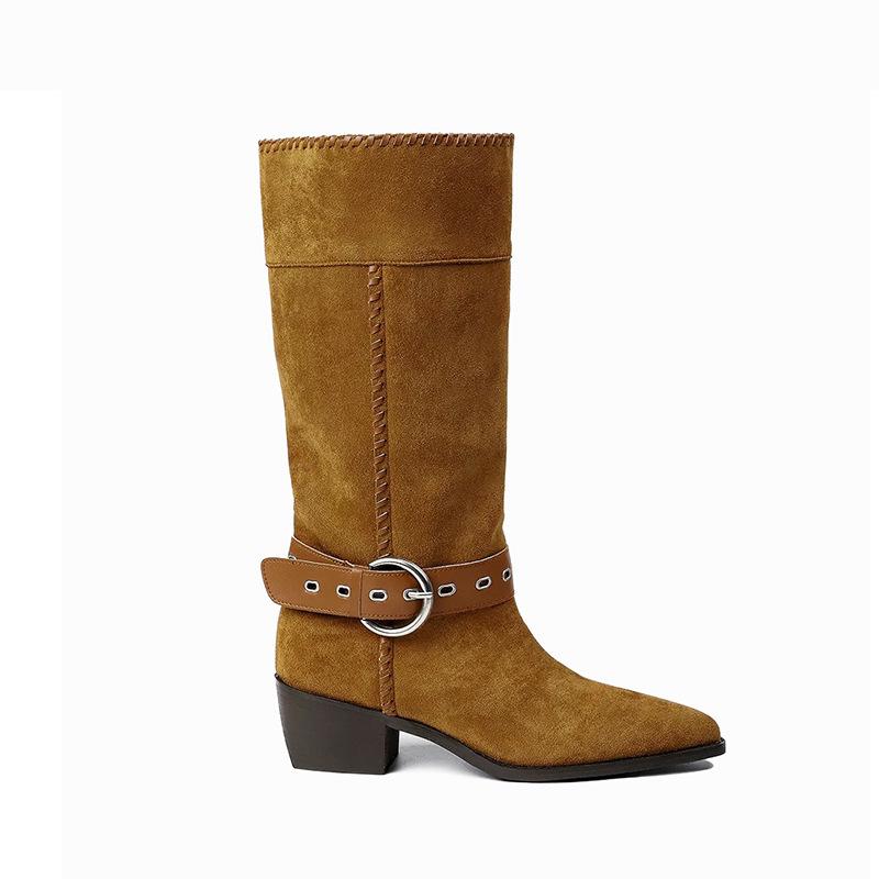 

Leather version 2025 summer new western boots northwest wind stack boots retro pointed short boots travel boots 40 коричневый