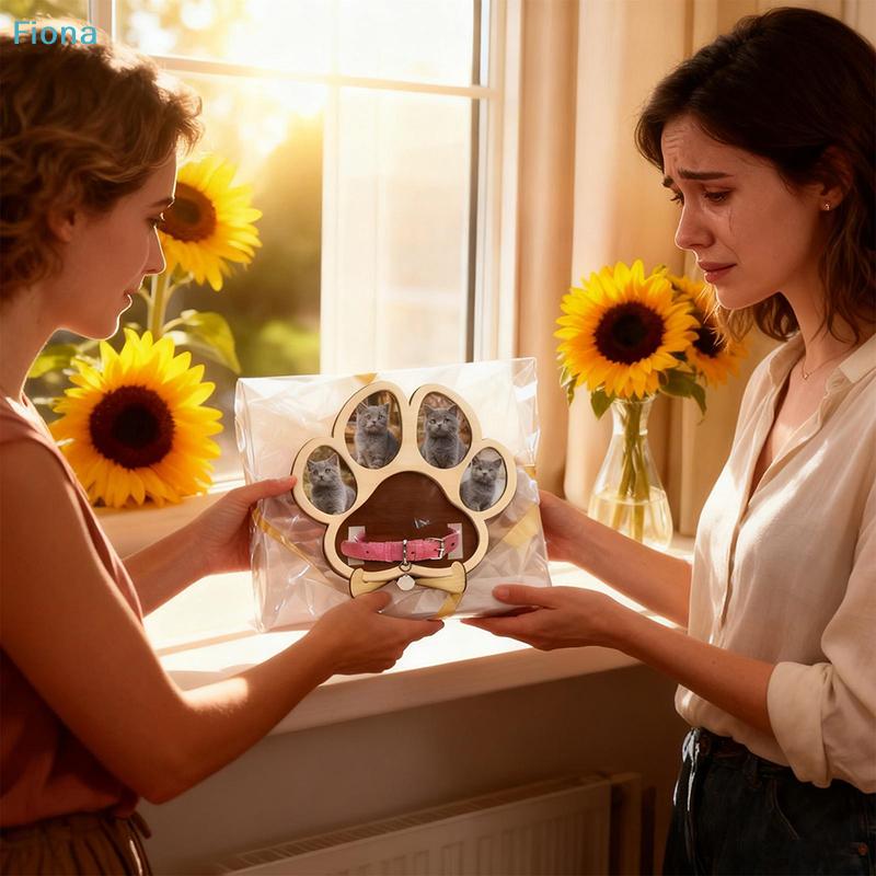 Paw-Shaped Pet Photo Frame - Wooden Multi-Photo Display with Collar Holder for Cat/Dog Lovers