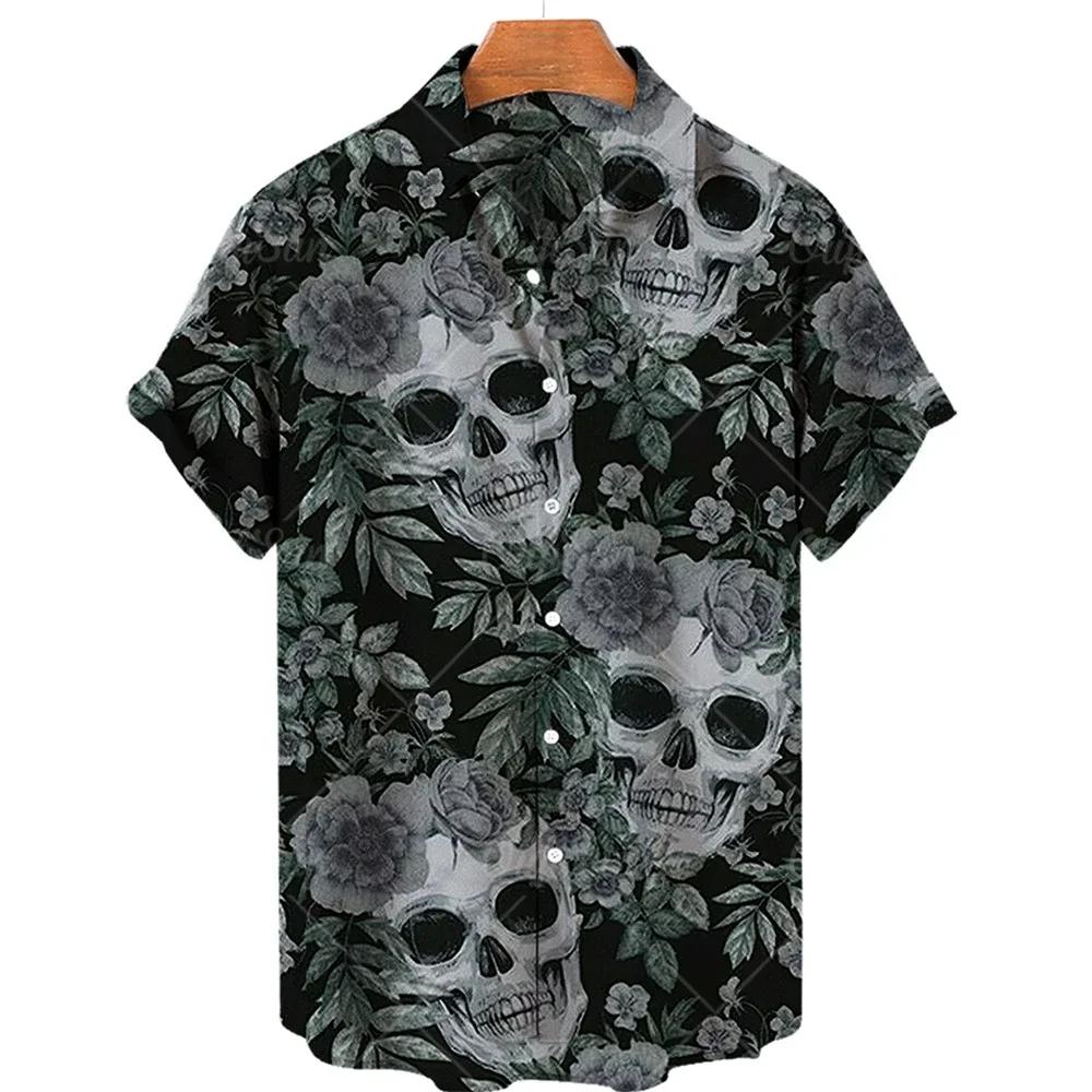 Fashion Men's Short Sleeve 3d Skull Print Hawaiian Shirts Summer Casual Tops Beach Shirts for Men Men's V-neck Shirt