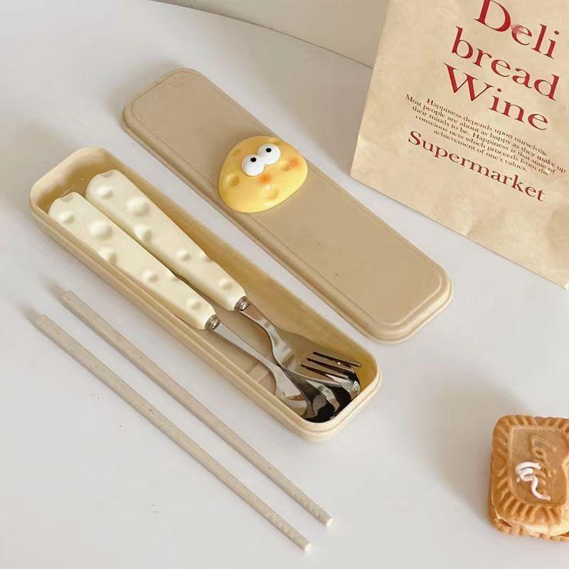 Stainless steel chopsticks spoon fork three-piece set cartoon cheese love student picnic portable tableware set