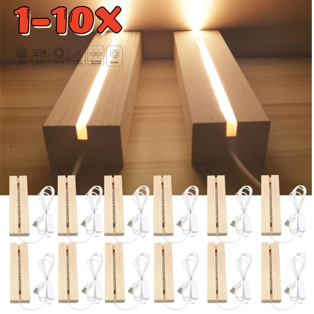 1-10PCS LED Wood Light Display Crystal Wooden Lighted Stand Acrylic Light Plate Base USB Wooden Base Desktop Decor Night Light