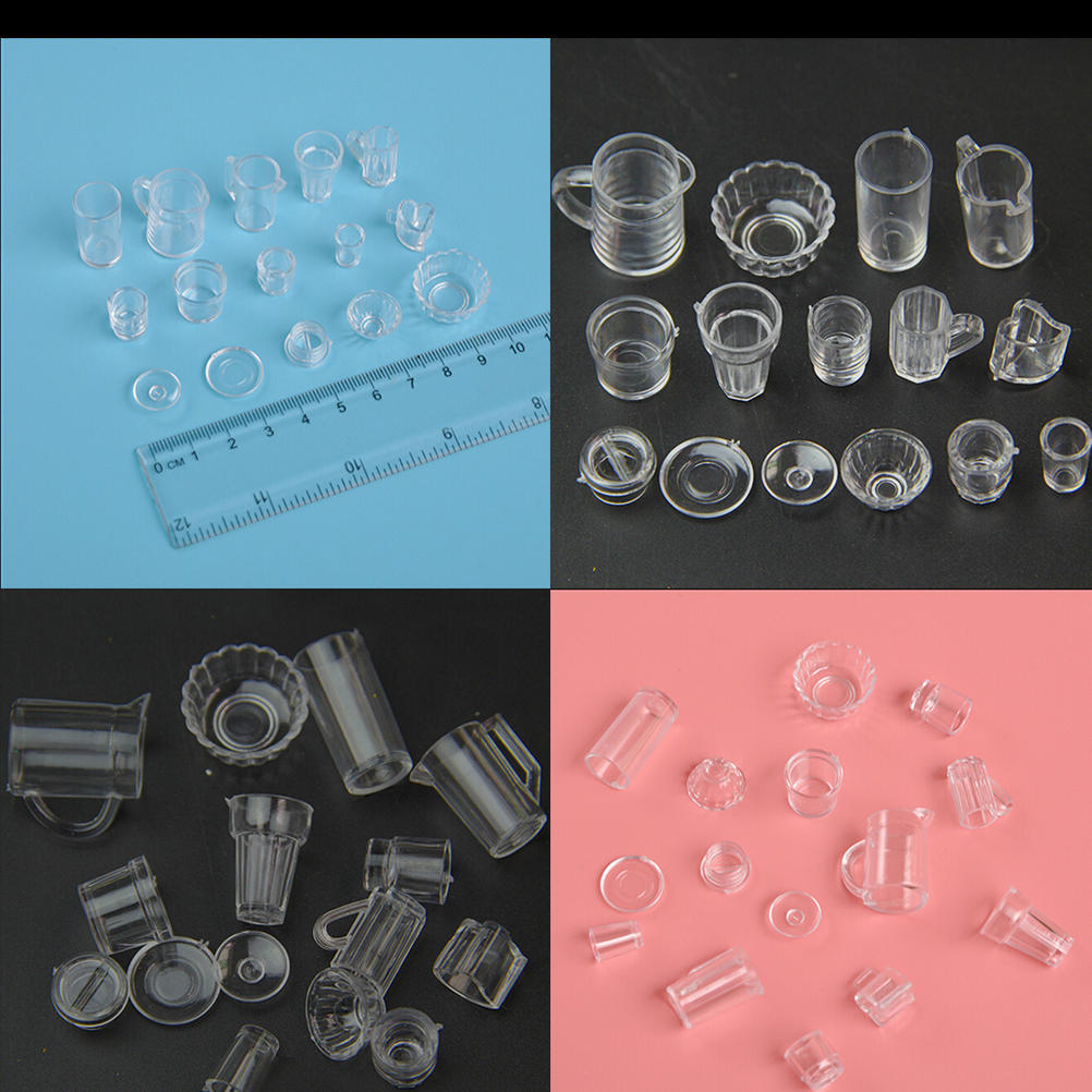 15Pcs/Set Mini Transparent Drink Cups Dish Plate Tableware Miniatures