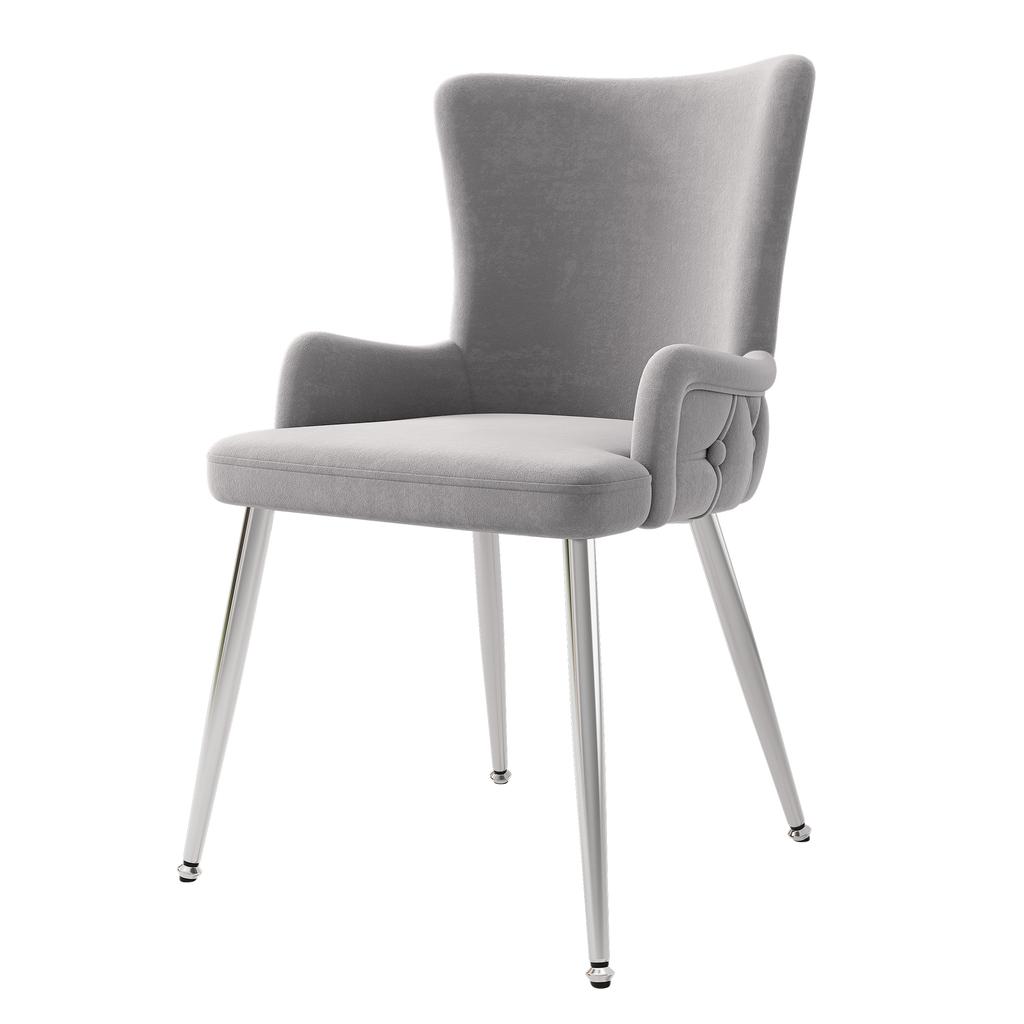 Velvet dining chair, set of 2, luxurious living room/bedroom lounge chair with four silver-colored metal support legs, gray [OLD SKU:N634P184684G]