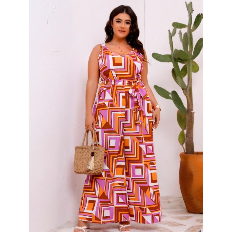 Womens Plus Size Geometric Print Jumpsuit V Neck Sleeveless Belted Wide Leg Casual Romper 0XL оранжевый