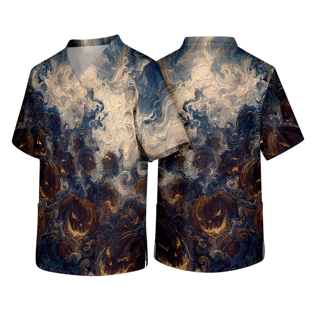 Men's Short Sleeve V Neck Halloween Print Pocket Scrub Top Medical Workwear Uniform Comfortable Fit Breathable Fabric