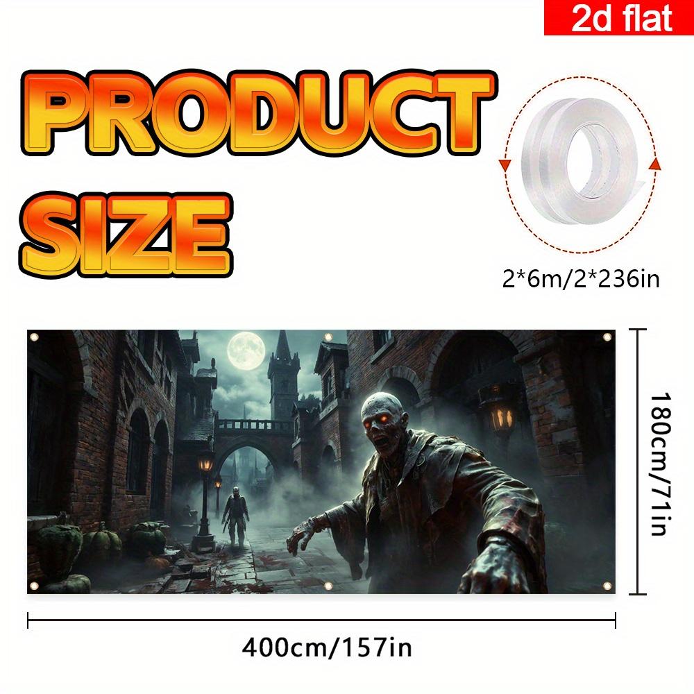 2D flat, 1 large Halloween garage door flag - zombie apocalypse decoration with tattered shirt zombie, horror scene background