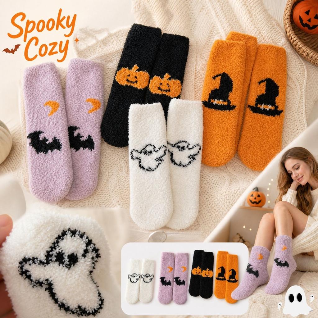 Damskie Grube Ciepłe Skarpety do Połowy Łydki z Zabawnym Uroczym Wzorem Halloweenowym do Przytulnego Domowego Ubrania