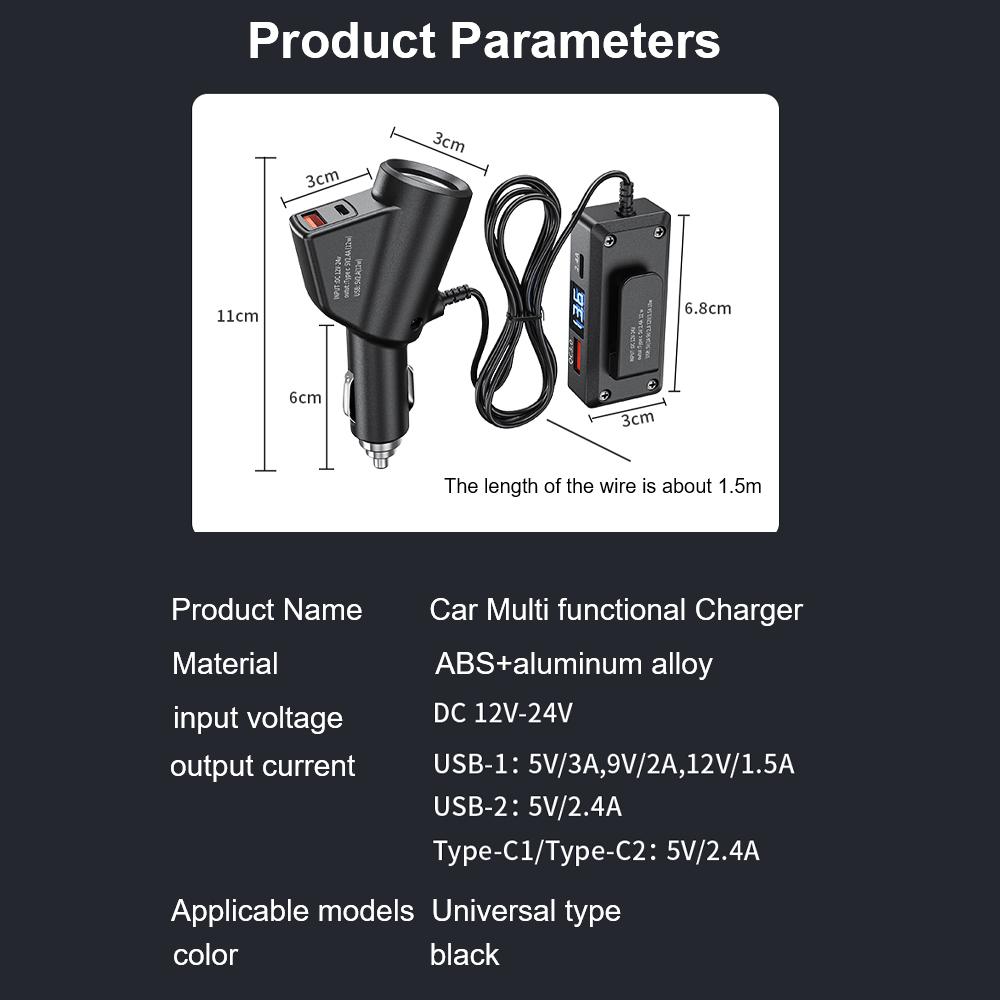 Quick Charge Multifunctional Car Digital Display Vehicle Charger Fast Charging Cable Auto Charger Adapter USB Fast Charging Universal QC3.0+PD TypeC
