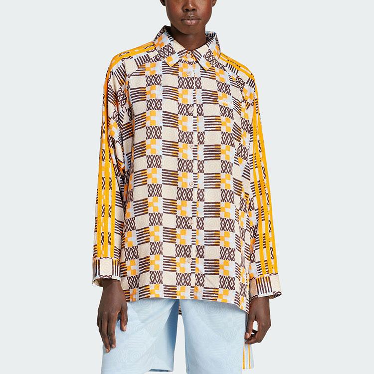 Adidas Originals 80s Long Sleeve Shirt With Full Pattern Stripes And Turn-down Collar Women Tops Grey Brown JC6156