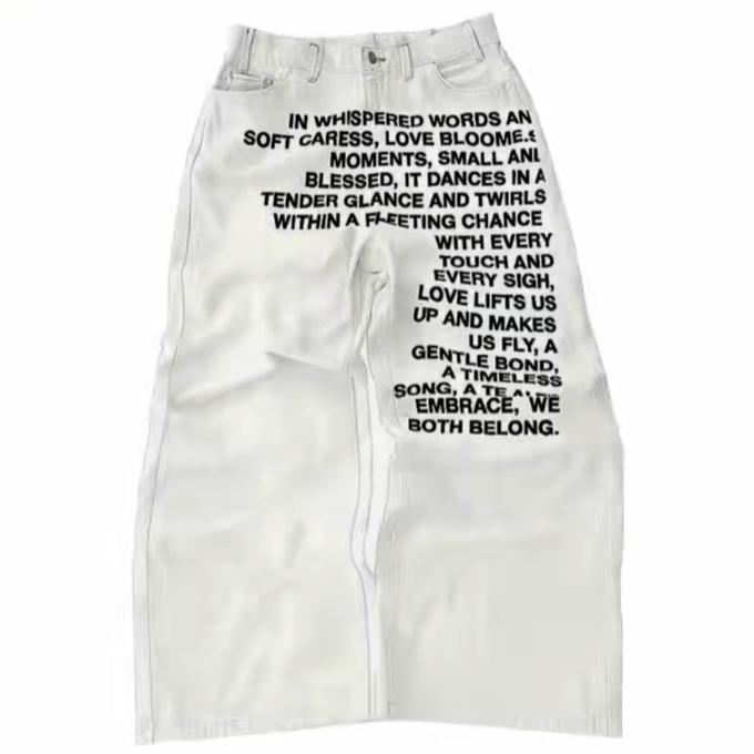 Pantalones vaqueros anchos para hombre con estampado de letras retro americano y lavado