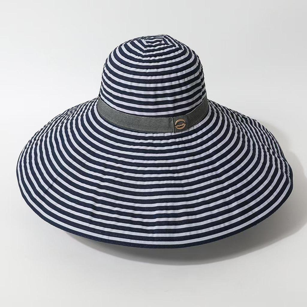 Women's Hepburn Style Wide Brim Striped Sun Hat for Summer Travel & Neck Protection