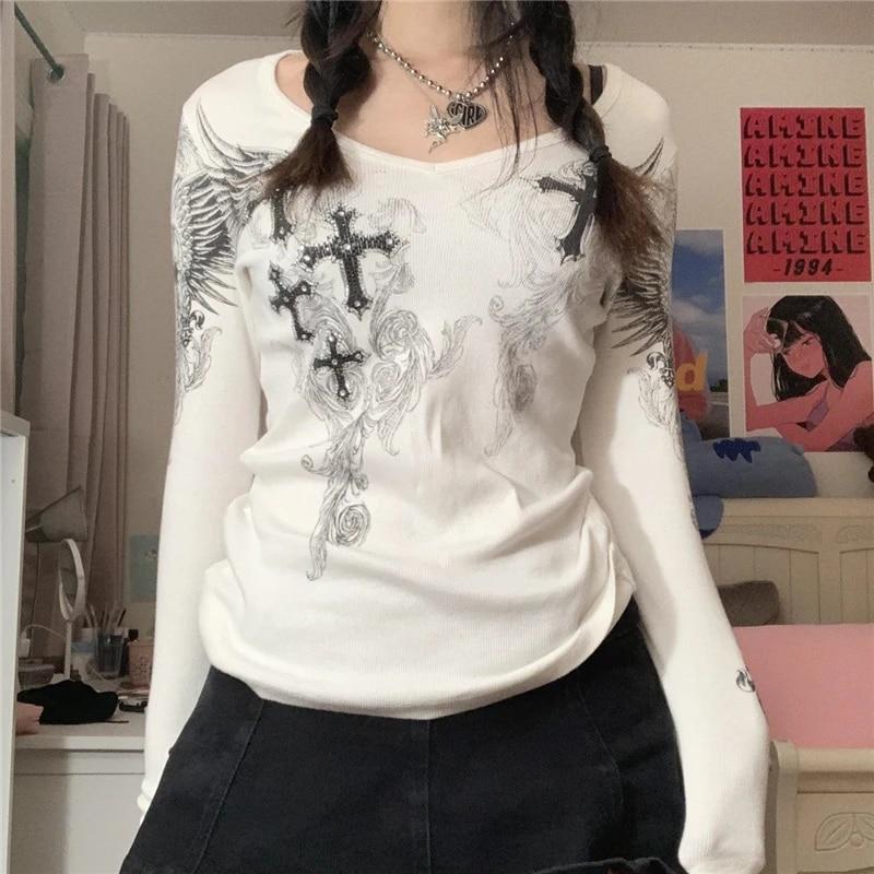 VAYLA 2000s Aesthetic T Shirt Graphic Cross Wings Print Long Sleeve Tops Y2k Women Clothes Fairycore Grunge Tee Streetwear