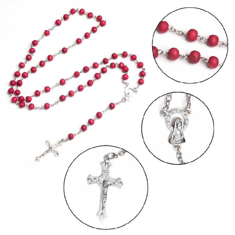 Crossed Rose Sutra Wood Necklace Wooden Beads Red Rosary Catholic Necklaces