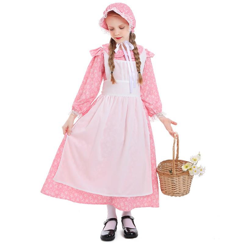 Halloween Floral Farm Dress Girls Long Sleeve Medieval Maid Costume Outfit