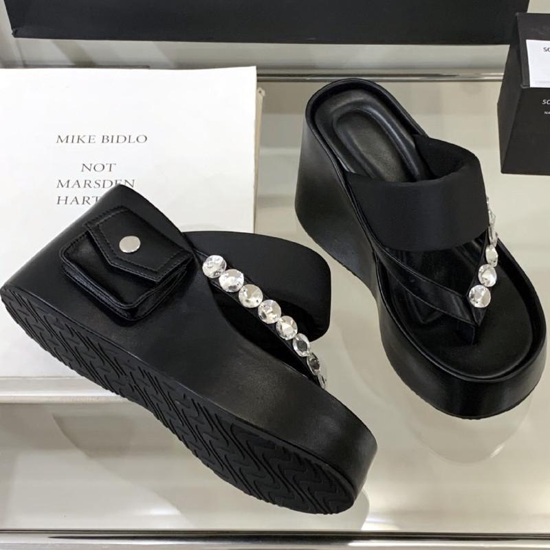 Fashion Rhinestone Thick Bottom Non-slip Women Sandals 10 Cm Super-high Heel Clip Toe Flip-flops Summer Casual Comfortable Beach Slipper