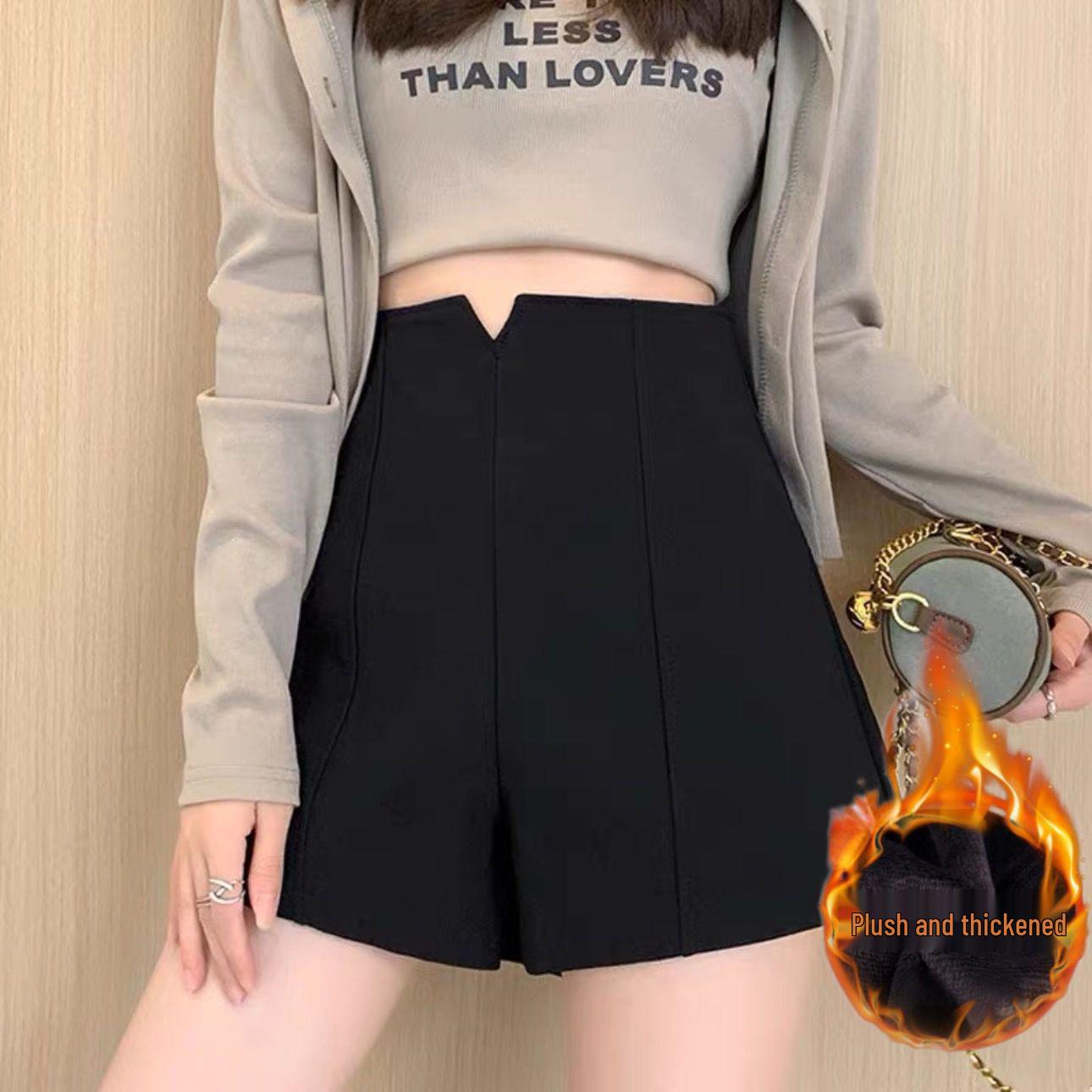 

Women s High Waist Black Suit Shorts - Autumn/Winter Velvet A-Line with Elastic Fit L