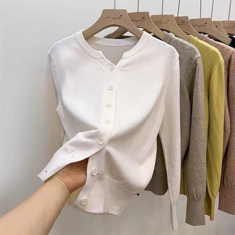 Women s Versatile White Button Front Crew Neck Knit Cardigan S белый